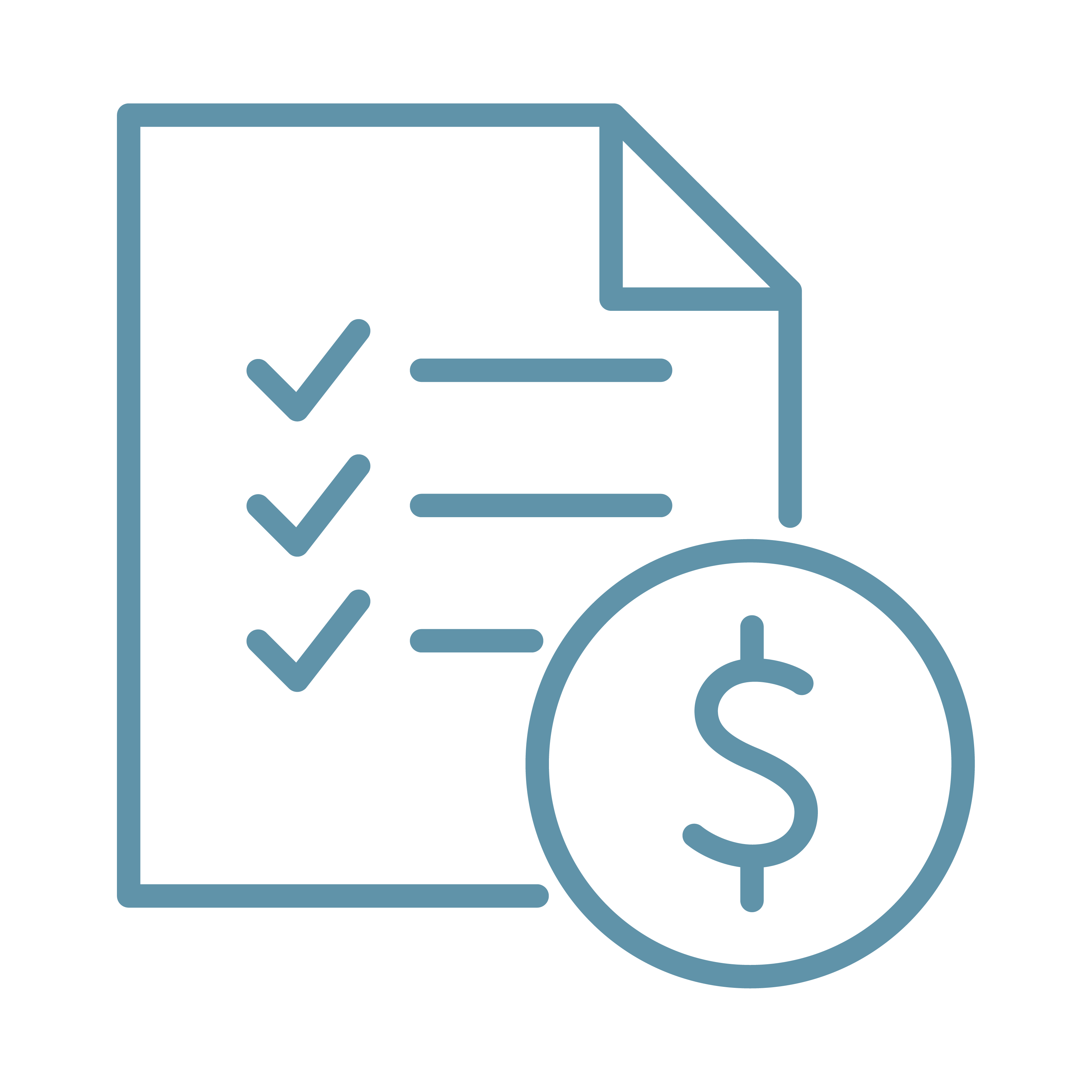 Icon of a checklist document with three items and a large dollar sign symbol overlapping on the bottom-right corner, ideal for a tax accountant.