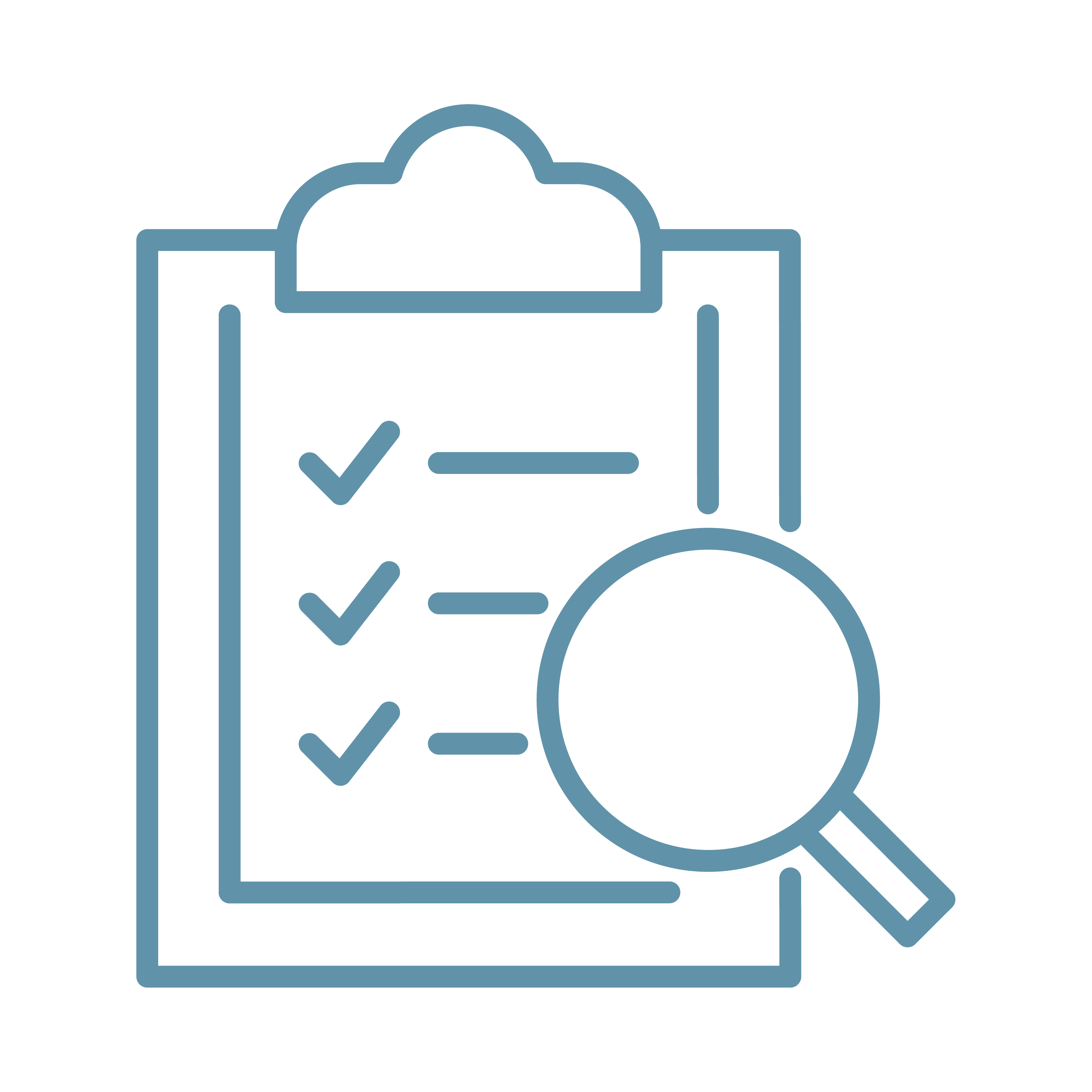 An icon showing a clipboard with a checklist and a magnifying glass, perfect for representing the meticulous nature of a tax accountant.